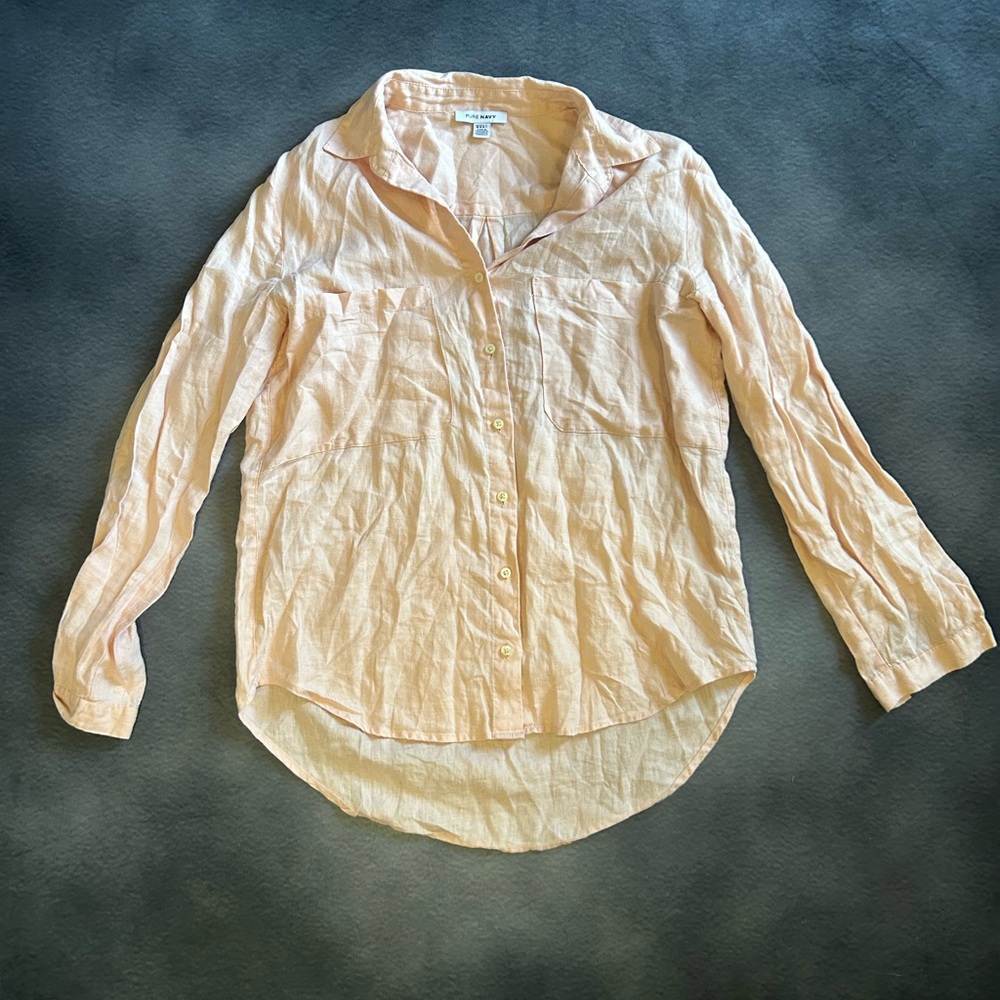 100% Linen Light Pink Linen Button-Up Shirt - Pure Navy- M